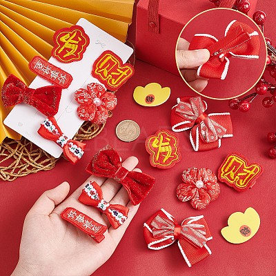 Chinese New Year Bowknot Flower Cloth Alligator Hair Clips Set OHAR-WH0021-31D-1
