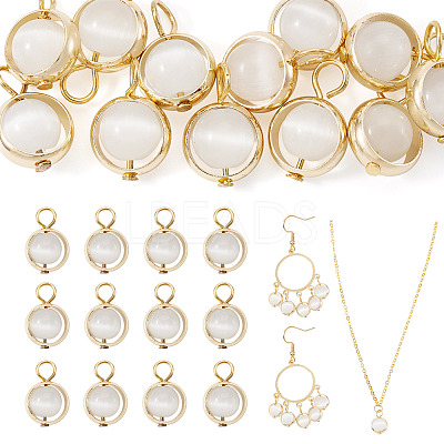 12Pcs Brass & Glass Imitation Cat Eye Round Charms PALLOY-TAC0237-01-1