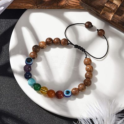 8mm Round Chakra Gemstone & Wood Braided Beaded Bracelets BJEW-JB10905-02-1