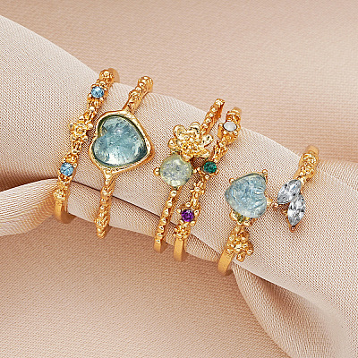 3Pcs Heart & Flower Alloy Rhinestone Cuff Rings FS-WGDF7E1-05-1