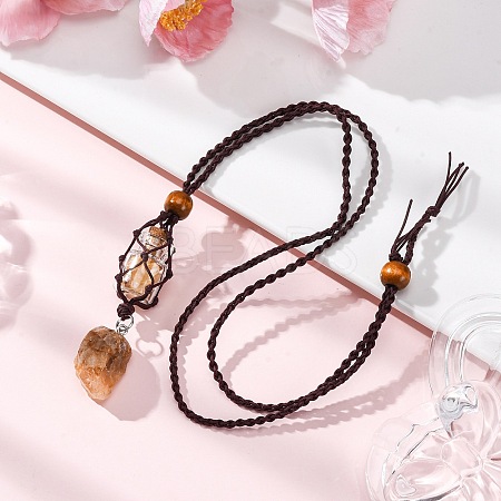 Natural Citrine Macrame Pouch Pendant Nylon Cord Adjustable Necklaces NJEW-JN05345-03-1