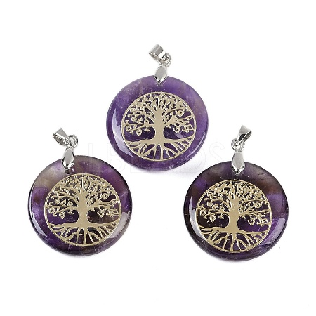 Natural Amethyst Flat Round Pendants G-Q188-01P-09-1