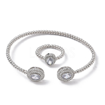 Oval Brass Micro Pave Cubic Zirconia Cuff Bangles & Rings Sets for Women SJEW-R002-03P-01-1