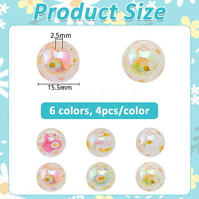 24Pcs 6 Colors UV Plating Printed Transparent Acrylic Beads TACR-DC0001-11-1