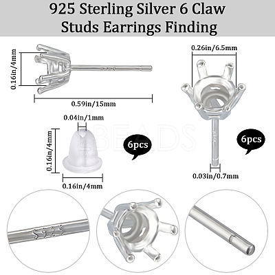 3 Pairs Rhodium Plated 925 Sterling Silver Studs Earrings Finding STER-BBC0005-67A-1