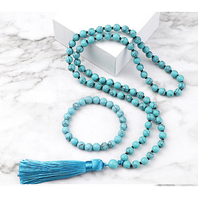 Synthetic Turquoise Round Beaded Pendant Necklaces & Bracelets Sets FS-WG9D102-12-1