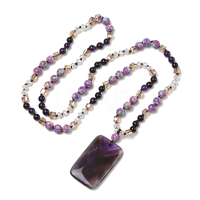 Natural Amethyst Rectangle Pendant Glass Beaded Long Necklaces GG-CBAE048-02A-1