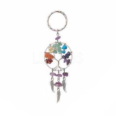 Natural & Synthetic Gemstone Chips Tree of Life with Alloy Wings Pendant Keychain KEYC-JKC00466-1