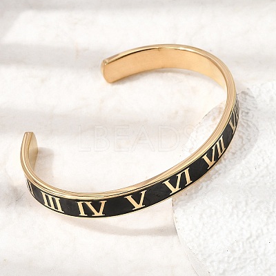 304 Stainless Steel Black Enamel Roman Numerals Open Cuff Bangles for Women SA-CBAC920-14G-1