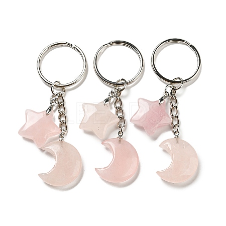 Reiki Natural Rose Quartz Moon & Star Pendant Keychains KEYC-P015-02P-04-1