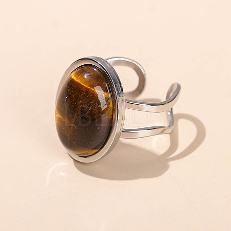 304 Stainless Steel & Natural Tiger Eye Cuff Rings FS-WGDE3F0-03-1