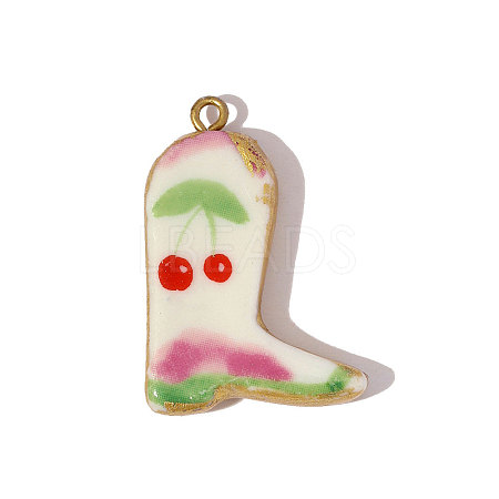 304 Stainless Steel & Cherry Print Cowboy Boot Porcelain Pendants with Gold Trim STAS-OY006-49G-01-1