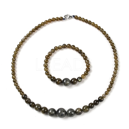 Natural Labradorite Round Beads Bracelets & Necklaces Sets SJEW-L132-23-1