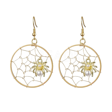 Copper Wire Wrapped Spider Web & Spider Dangle Earrings EJEW-JE05827-1