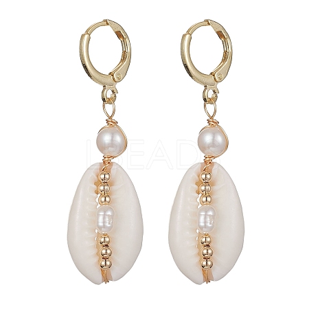 Natural Shell & Pearl Dangle Leverback Earrings EJEW-JE05434-1