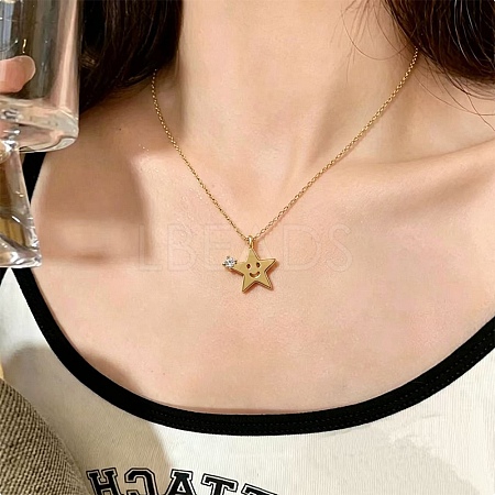 Brass Pave Clear Cubic Zirconia Smiling Face Star Pendant Necklaces KK-CBA6599-04A-G-1