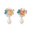 Natural Carnelian & Apatite Beaded Flower with Shell Pearl Dangle Stud Earrings EJEW-TA00163-1