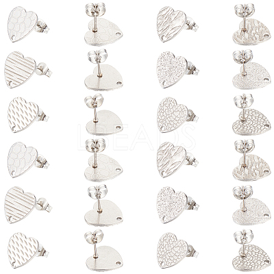 48Pcs 6 Styles Textured Heart 304 Stainless Steel Stud Earring Findings STAS-SP0001-48-1