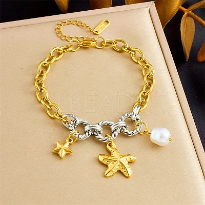 Duo Tone Ocean 304 Stainless Steel Sea Animals Charm Bracelets with Imitaiton Pearl for Women SA-CBA717A-06G-01-1