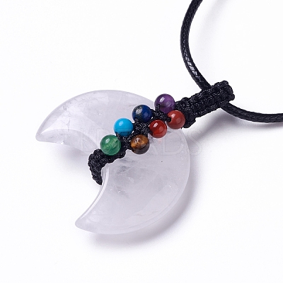 Adjustable Natural Quartz Crystal Double Horn Pendant Necklace with Wax Cord for Women NJEW-B086-01C-1