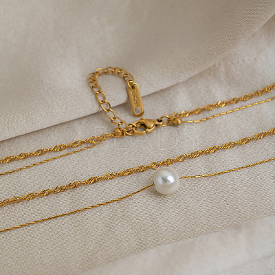 304 Stainless Steel Double Layer Necklaces with White Round Faux Pearl Pendants for Women KQ2558-1