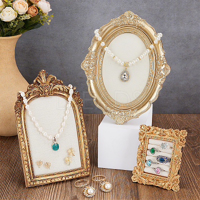3Pcs 3 Styles Resin & Linen Photo Frame Jewelry Necklace Display Stands ODIS-OC0001-97-1