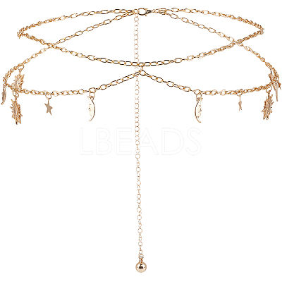 Alloy Moon Sun Star Double Layer Tassel Waist Chains AJEW-GF0013-25G-1