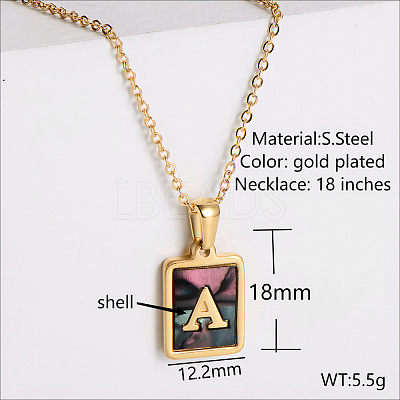 304 Stainless Steel Pave Natural Paua Shell Rectangle Initial Pendant Necklaces for Women FS-WG38E89-01-1