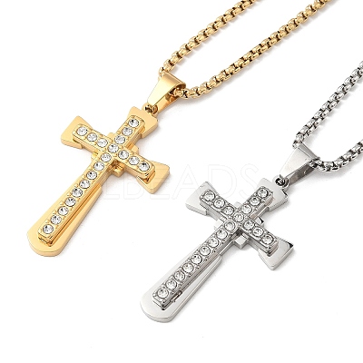201 Stainless Steel Crystal Rhinestone Religion Cross Pendant Necklaces NJEW-H065-08G-1