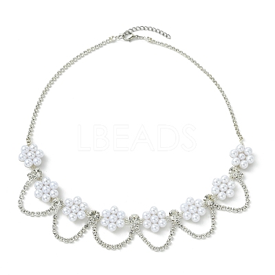 Plastic Pearl Beaded Flower Tassel Iron Crystal Rhinestone Tennis Bib Necklaces for Women NJEW-JN06129-1