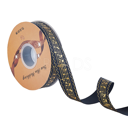 50 Yards Gold Stamping Musical Note Polyester Printed Ribbon OCOR-WH0091-34A-1