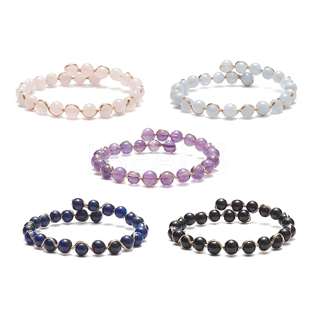 5Pcs 5 Style Natural Mixed Gemstone Round Beaded Cuff Bangles Set BJEW-JB09011-1