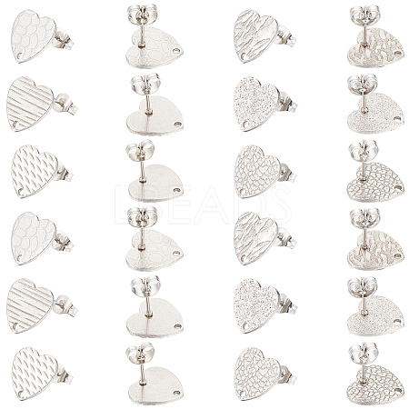 48Pcs 6 Styles Textured Heart 304 Stainless Steel Stud Earring Findings STAS-SP0001-48-1