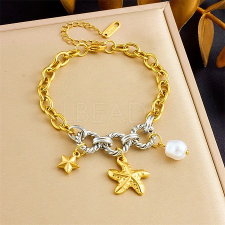 Duo Tone Ocean 304 Stainless Steel Sea Animals Charm Bracelets with Imitaiton Pearl for Women SA-CBA717A-06G-01-1