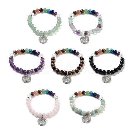 Natural Mixed Gemstone Round Beaded Chakra Stretch Bracelets BJEW-K251-01-1