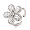 Flower Brass Micro Pave Cubic Zirconia Cuff Rings for Women RJEW-A069-14P-03-4