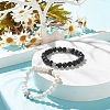 2Pcs 2 Color Natural Lava Rock Round Beaded Stretch Bracelets Set with Alloy Flower BJEW-JB08024-2