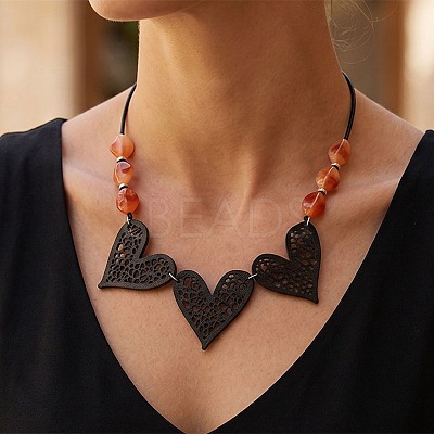 Boho Hollow Black Wood Heart and Nuggets Resin Beaded Bib Necklaces WG28F53-02-1