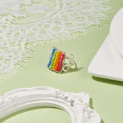 Glass Bead Braided Rectangle Open Cuff Ring RJEW-JR00489-1