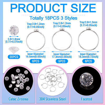 18Pcs 304 Stainless Steel Finger Ring Rhinestone Settings STAS-TA0005-86P-1