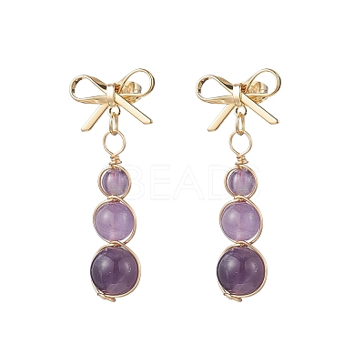 Natural Amethyst Bowknot with Round Dangle Stud Earrings EJEW-JE06780-02-1