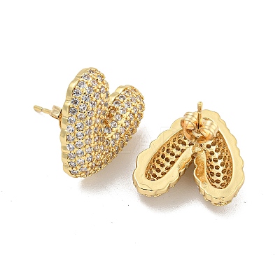 Heart Brass Pave Clear Cubic Zirconia Stud Earrings EJEW-M258-82G-1