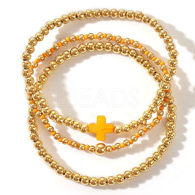 3Pcs Brass & Natural Shell Beads & Glass Seed Beads Stretch Bracelets Set for Women YJ9713-5-1