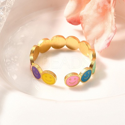 201 Stainless Steel Enamel Open Cuff Ring for Women RJEW-A053-04G-01-1