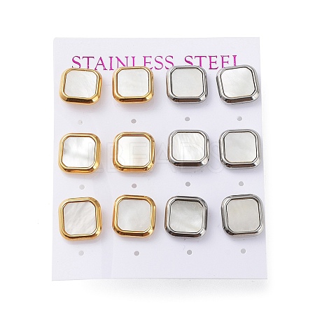 6 Pair 2 Color Square Natural Shell Stud Earrings EJEW-A024-01-1