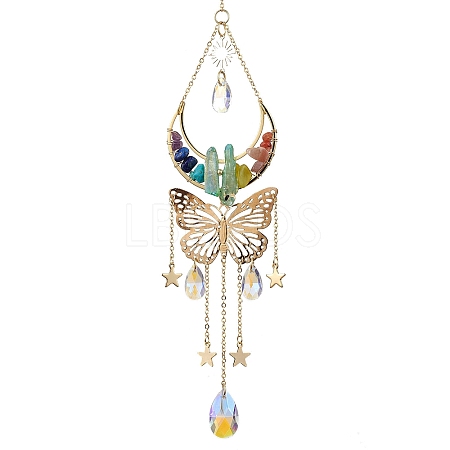Butterfly & Moon Brass & 304 Stainless Steel Hanging Suncatchers HJEW-TA00162-1
