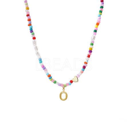 Colorful Beaded Heart Letter Necklace with Pearl Elements Stainless Steel Pendant Jewelry TR2146-15-1