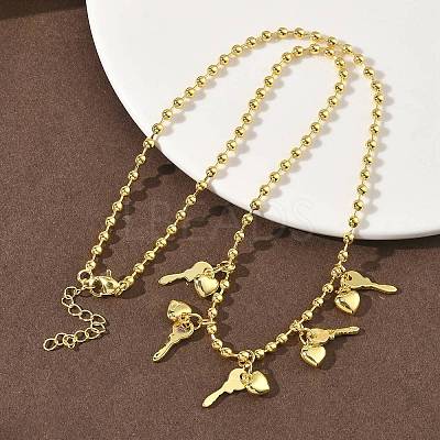 Brass Key & Heart Pendant Bib Necklaces NJEW-G183-08G-1