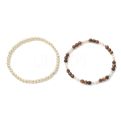 2Pcs Natural Tiger Eye & Shell Pearl & Non-magnetic Synthetic Hematite Beaded Stretch Bracelets for Women BJEW-JB12938-03-1
