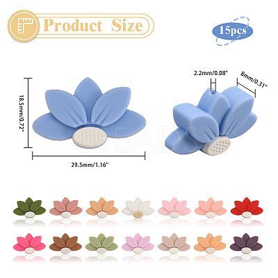 15Pcs 15 Colors Lotus Food Grade Eco-Friendly Silicone Focal Beads SIL-CA0003-05-1